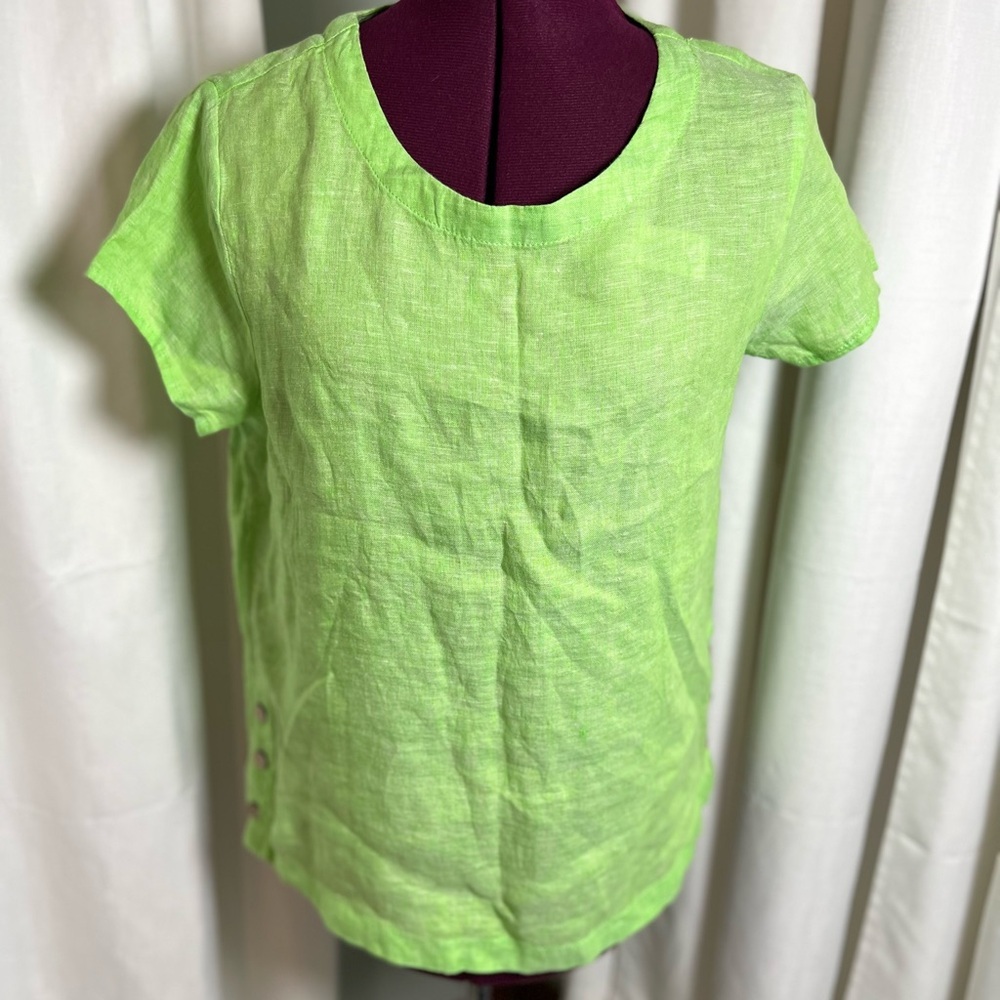 Cynthia Rowley Green 100% Linen Crew Neck Short Sleeve Shirt